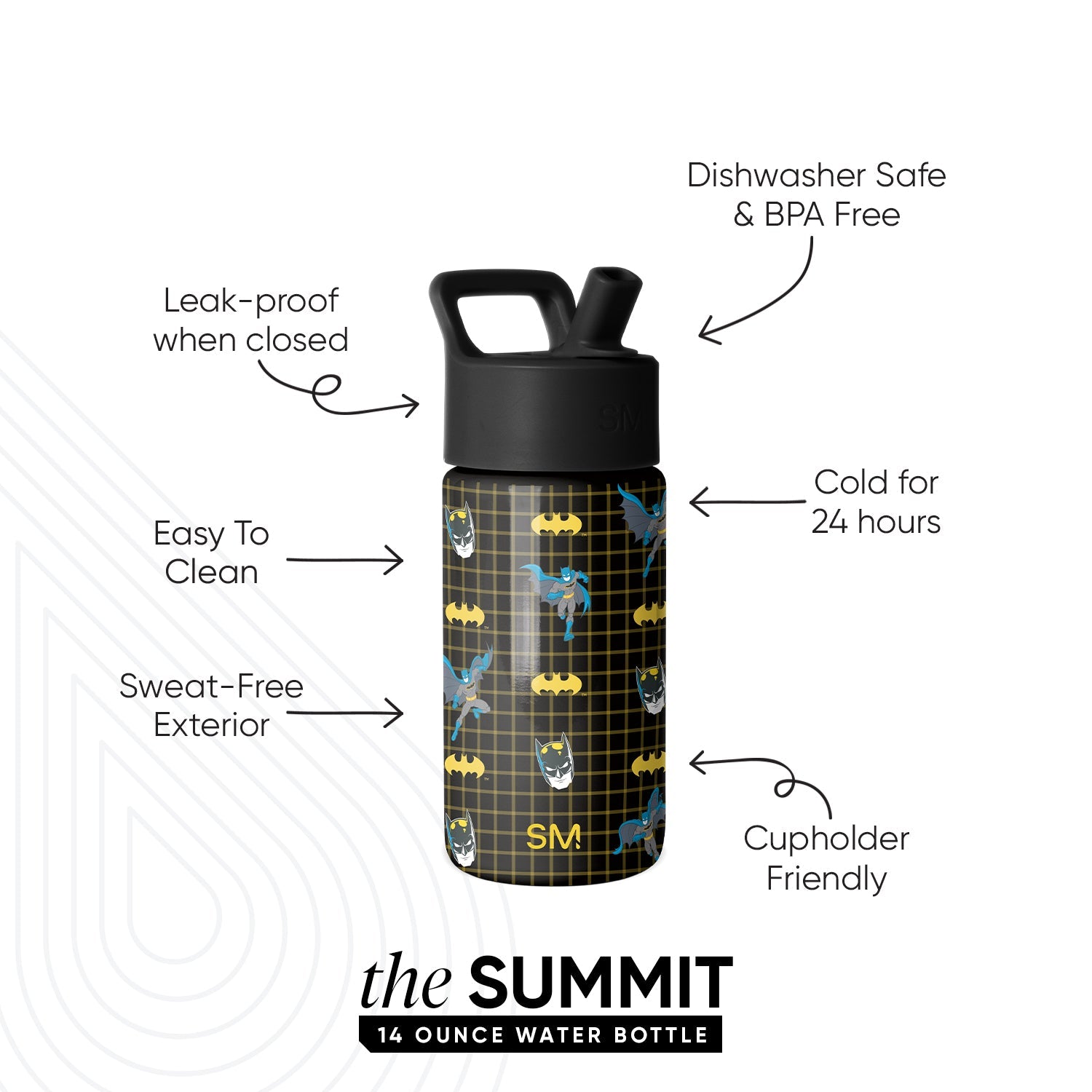 Summit Kids Water Bottle with Straw Lid - Batman Icons