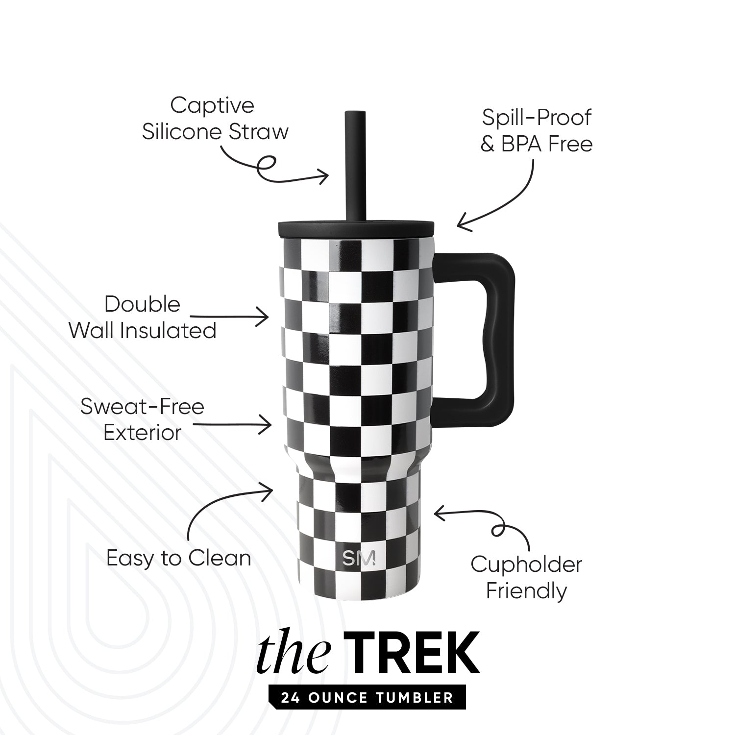Trek Kids Tumbler with Silicone Straw Lid - Black and White Checkmate